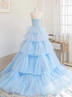 Blue Tulle Strapless Pleats Prom Dress